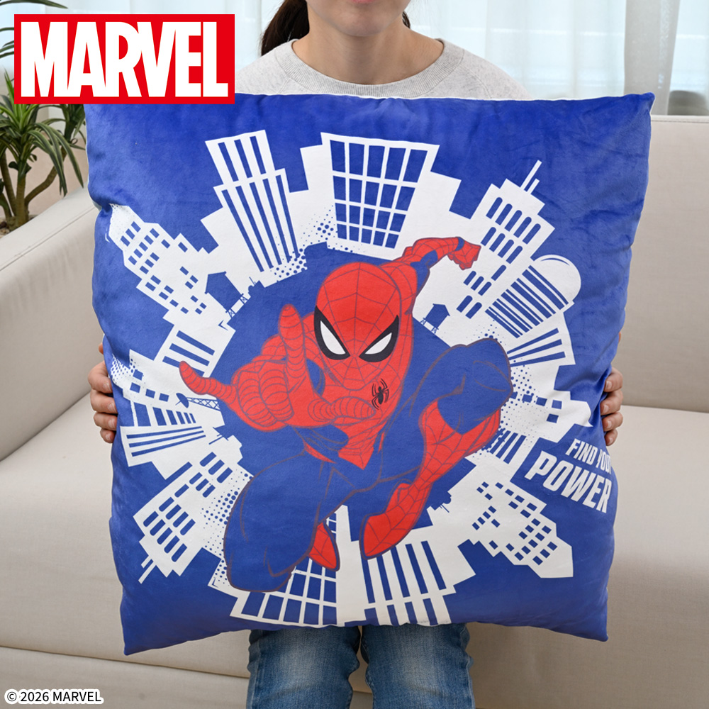 MARVEL　スーパーギガザッカぐらもっちクッション　スパイダーマン（ブルー×ホワイト）　サイズ感